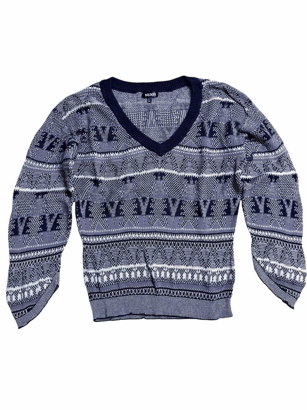 TILDON 100% Cotton pullover sweater, V neck, blue and white knit, 3/4 sleeve, XS